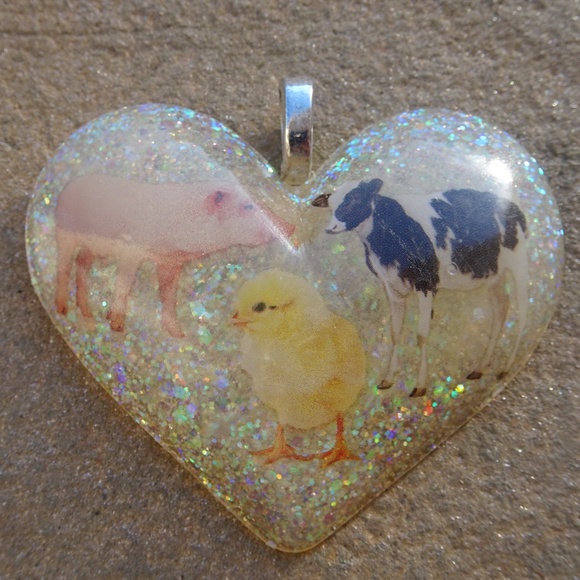 Handmade Jewelry - Vegan Farm Animal Iridescent Glitter Big Resin Heart Pendant - Handmade Charm